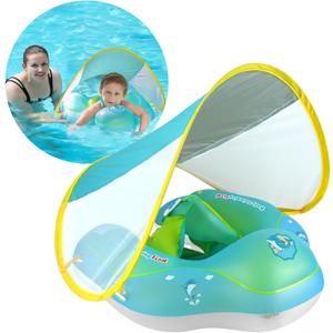 Free Swimming Baby Infant Pool Float with Sun Canopy Inflatable Baby Swimming Floatie with Sponge Safety Bottom Support Water Toys Swimming Trainer (Blue, Large)