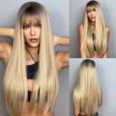 Blonde Wig With Bangs Long Straight Blonde Wigs for Women 30 Inch Ombre Wig Dirty Blonde Wig Natural Hair Wigs Cosplay Synthetic Wig Heat Resistant Fiber Hair Replacement Wigs for Daily Party Use