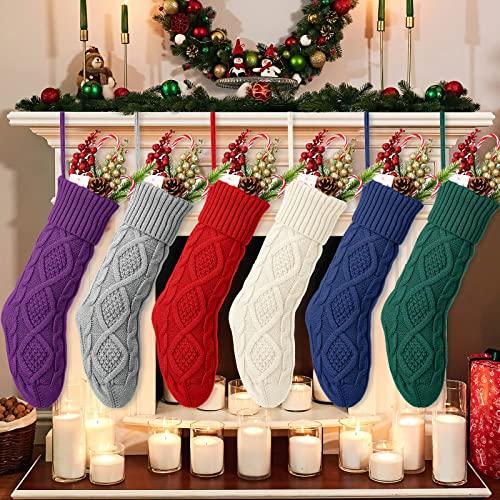 EBOOT 18 Inch Knitted Christmas Stockings Bulk Large Cable Knit Christmas Stockings Farmhouse Xmas Decorations Hanging Wall Fireplace Party Supplies(6 Pcs,White/Green/Red/Blue/Gray/Purple)