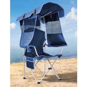 Beach Chair with Canopy Shade, Folding Camping Chair with Canopy with Cup Holder, Side Pocket for Camp, Beach, Tailgates, Fishing - Support 330 LBS (Navy Blue)