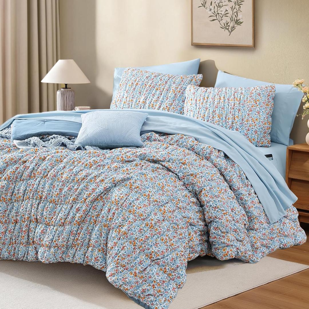 BLOOMHAVEN King Comforter Set - 7 Pieces Blue Classic Puff Floral Bedding Sets for All Seasons, Shabby Chic Farmhouse Bed in a Bag King with Wildflowers Fluffy Comforter, Sheets, Pillowcases & Shams