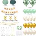Sage Green Birthday Decorations - Green Party Decorations for Women Girls with Happy Birthday Banner, Balloons,Hanging Swirls, Pom Poms, Balloons for Party Decor (Gold and Green)
