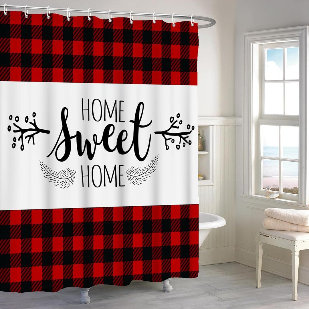 Renaiss 72x72 Inch Home Sweet Home Shower Curtain Black Red Checked Buffalo Plaid with Floral Rustic Plaid Farmhouse Bathroom Shower Curtains Set Waterproof Polyester Fabric with Hooks