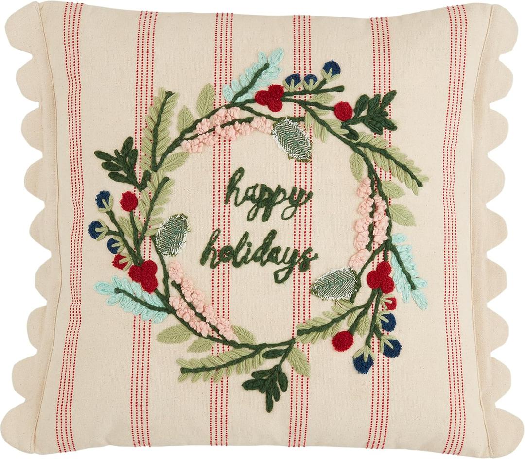 Mud Pie Wreath Striped Emb Pillow, 18" x 18", Multi