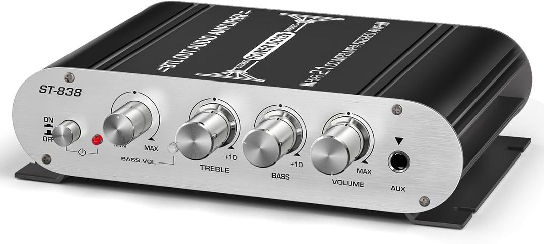 Facmogu ST-838 2.1 Channel HiFi Stereo Subwoofer Amplifier, RMS 20Wx2+40W Mini Digital Audio Power Amplifier for Home Speakers, 80W Subwoofer Amplifier Audio Stereo Bass Amp with Power Supply - Black