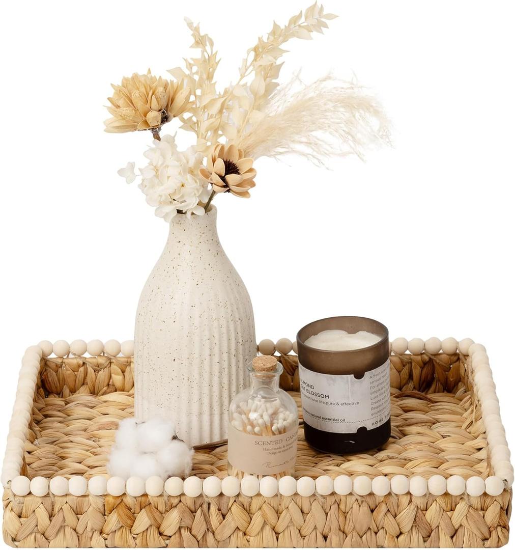 StorageWorks Rectangle Decorative Trays for Home Decor Farmhouse, Wicker Coffee Table Tray Decor with Wooden Beads and Handles, Large Woven Dining Room Decor Tray for Kitchen Counter, Living Room (15.8" x 11.5" x 2.4")