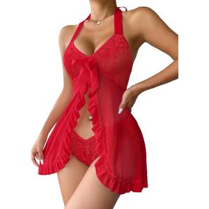 Sexy Halter Open Front Ruffle Sheer Mesh Lace Babydoll Lingerie Dress with Thong 2 Piece (Red), 
X-Large