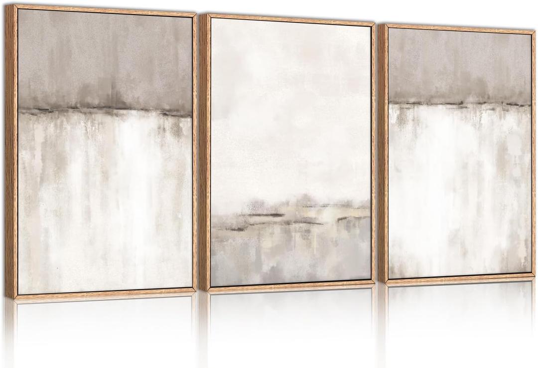 KAIRNE Large Neutral Gray Framed Canvas Wall Art Set, Abstract Duotone Gray Tan Wall Decor, Neutral Watercolor shape Wall Pinting, Modern Landscape Art Print for Living Room, Bedroom, Office16 x24 x3