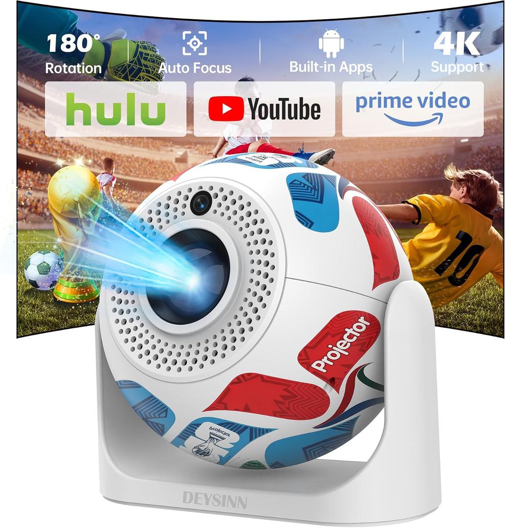 Portable Mini Projector, Football Design 4K Support Android 13 Smart Projector, Auto Keystone Correction 180 Adjustable, for Bedroom Outdoor Camping Home Theater Entertainment