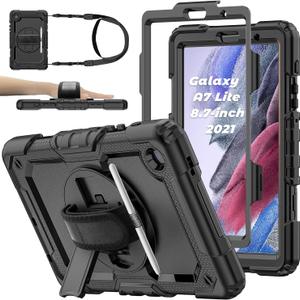 Case for Samsung Galaxy Tab A7 Lite 8.7-inch 2021 (SM-T220/T225), Protective with Screen Protector/Hand Strap/Pen Holder, Sturdy Shockproof for Samsung A7 Lite Tablet Case (Black)