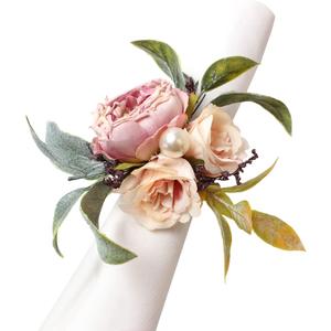 Handcraft Flower Napkin Rings Set of 6, Pink Peony Flowers Napkin Holders Floral Napkin Buckles Table Decorations for Wedding Banquet Birthday Party