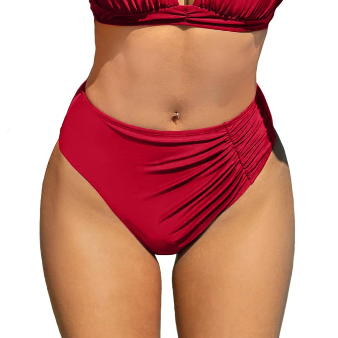 YELAIVP Women's High Waisted Bikini Bottom Tummy Control Ruched Bathing Suit Bottom Full Coverage Swimsuit Bottoms (Red, S)