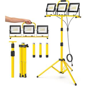 LED Work Lights with Stand: 3 Head Adjustable Work Light with Individual Switch, IP66 Waterproof Foldable Outdoor Tripod Light for Job Site Construction Lighting, Tool Gifts for Men