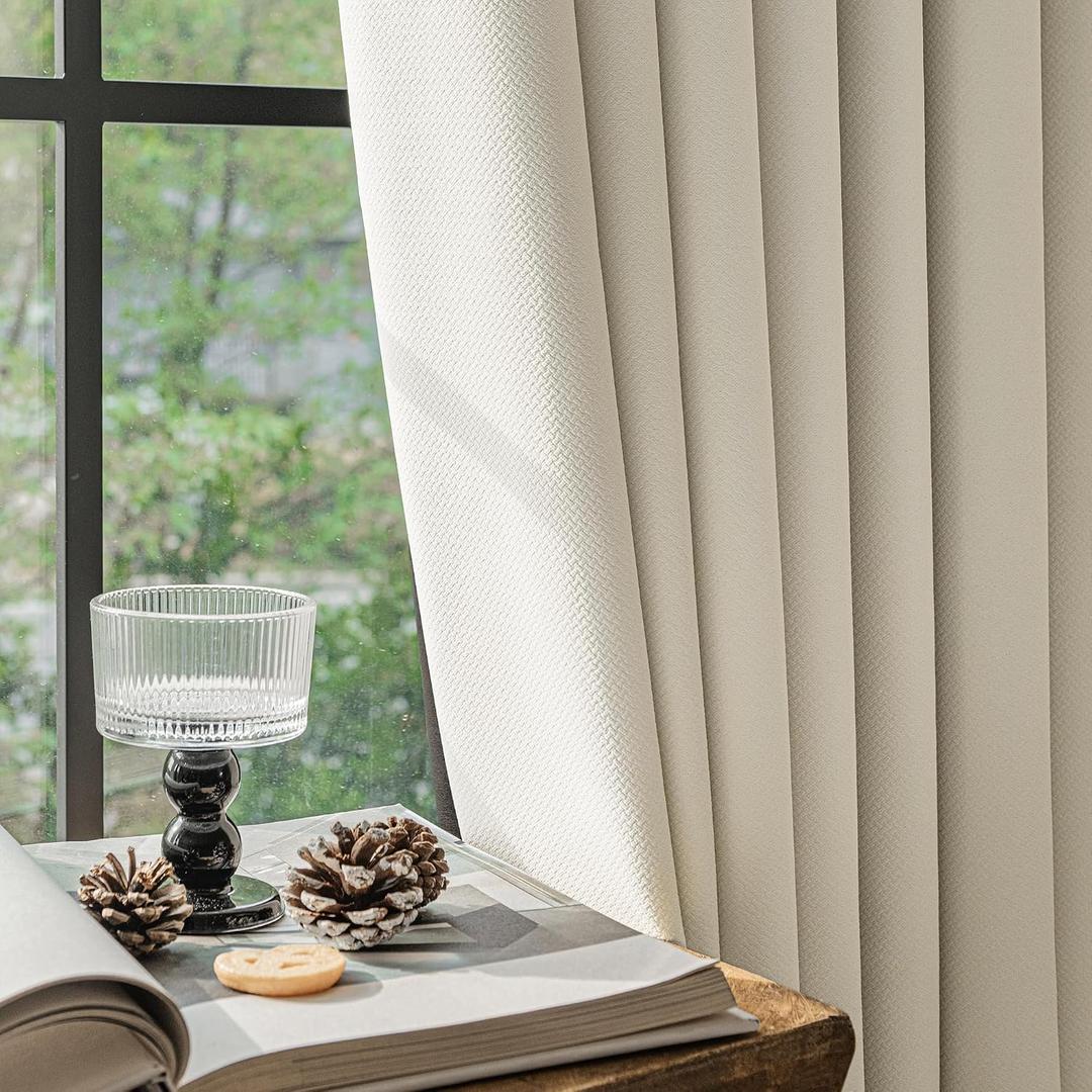 FMFUNCTEX 100% Blackout Curtains for Bedroom, Beige Back Tab Curtain 90 Inches Long Drapery Thermal Insulated Curtains for Living Room, Black Out Drapes Rod Pocket Room Darkening 2 Panels