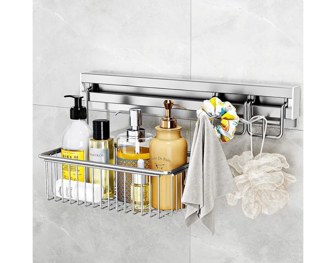 MINGLING Shower Caddy Hanging with Wall Back Crossbar, Rustproof 304 Stainless Steel Shower Organizer, Adhesive Bathroom Wall Storage Basket for Kitchen and Home Decor