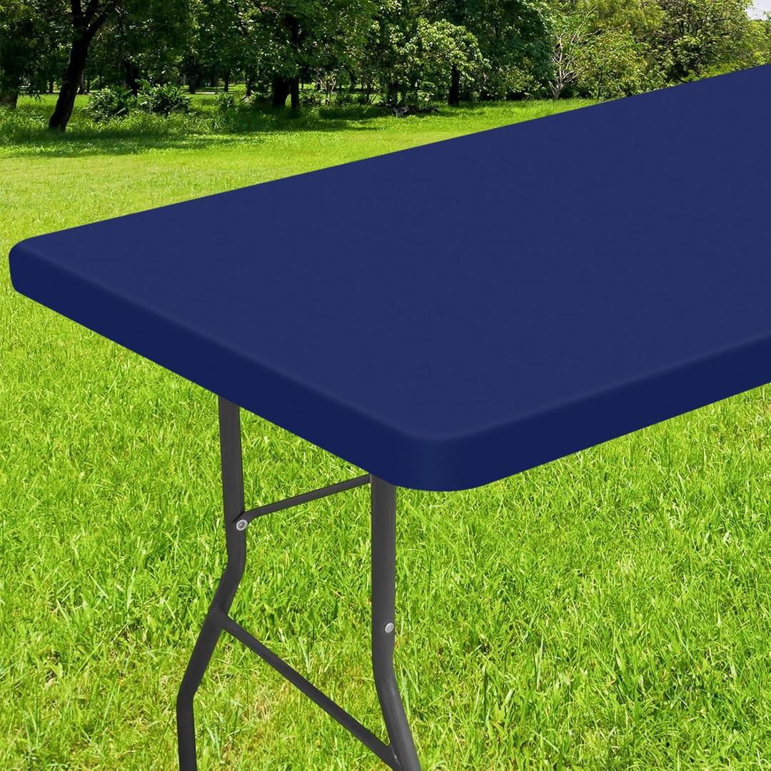 Smiry Rectangle Tablecloth, Elastic Fitted Flannel Backed Vinyl Tablecloths for 8ft Folding Tables, Waterproof Wipeable Table Covers for Indoor, Outdoor, Picnic and Camping (Navy, 30"x96")