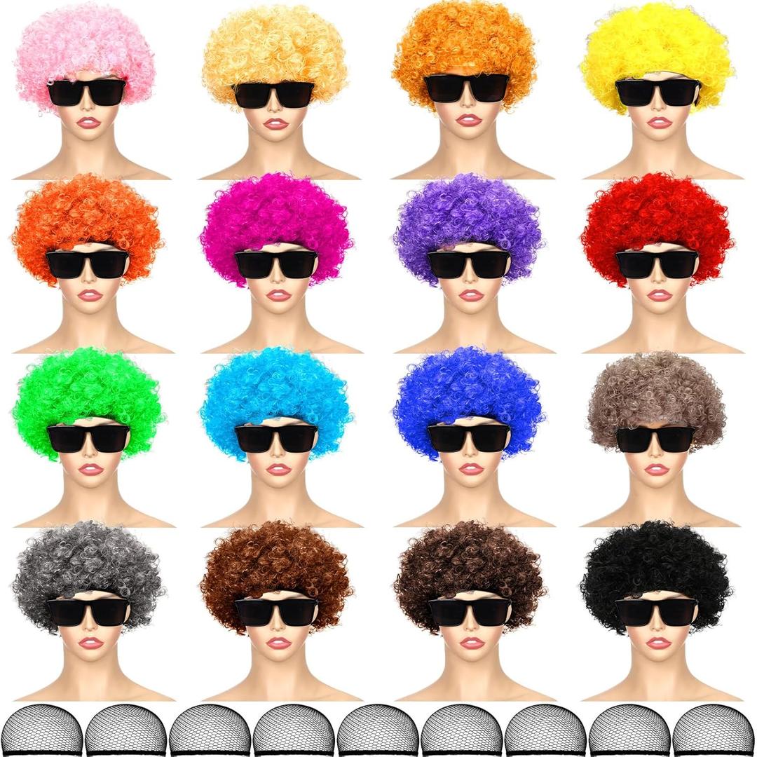 Lyrow 16 Pack Neon Clown Wig Fluffy and Sunglass Set Colorful Hair Wig Disco Afro Hippie Wigs Synthetic 70s 80s 90s Wig Cap with Sunglass Cosplay for Men Women Mardi Gras Party Costume Supplies
