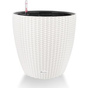 Dexceder 18x17 Inches Rattan Self Watering Planter Indoor Outdoor, Inner Pot Design, Thickened Table Flower Plant Pot with Water Level Indicator (Ivory White)