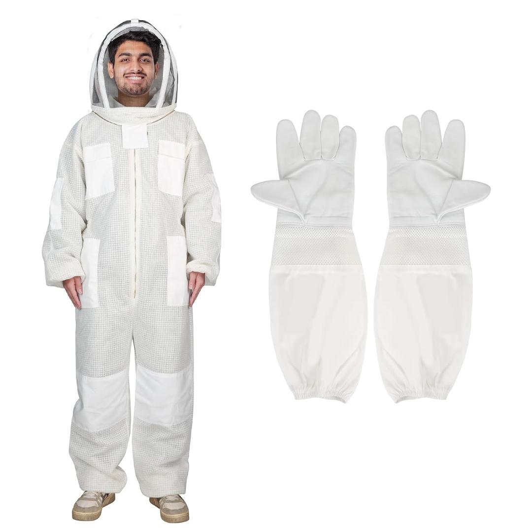 3Layer Suit for Bee,Ultra Ventilated Breathable Cotton,Full Bee Suit Equipped with Sheepskin Gloves,Comfortable with Maximum Protection,Commercial & Beginner Beekeepers's Choice(XL)