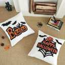 Jonhier Halloween Decorative White Throw Pillow Cover, Fall Embroidered Pumpkin Pillowcase for Sofa Couch Bed, Textured Bat Pattern Thanksgiving Cushion Home Decor (Happy Halloween, 18 x 18)