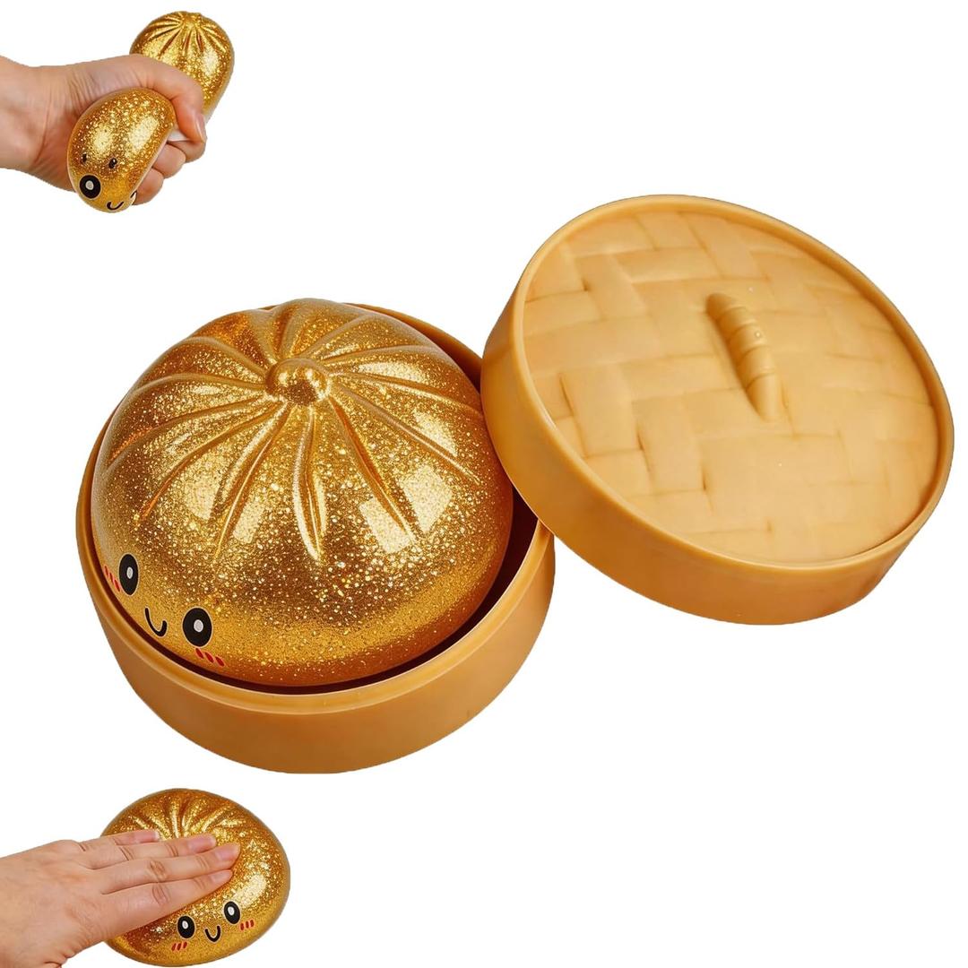Glitter Dumpling, Glitter Dumpling Squishy with Box, Cute Anxiety Relief Fidget Toy, Soft Squeeze Decompression Dough for Adults (Glittering Golden Eyes)