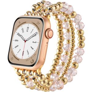 AIRSPO Gold Beaded Bracelets Compatible for Apple Watch Band 38mm 40mm 41mm 42mm 44mm 45mm Women, Fashion Handmade Dressy iPhone Watch Bands Elastic Strap for iWatch Series SE 8 7 6 5 4 3 2 1 (Pink Beads, 38mm/ 40mm/ 41mm-S(5.3"-6.2"))