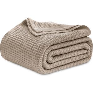 Bedsure Gentlesoft 100% Cotton Blanket Queen Size for Bed - Cooling Breathable and Soft for Summer, Thick Cozy Waffle Weave Blanket Gifts for Women, Taupe, 90x90 Inches