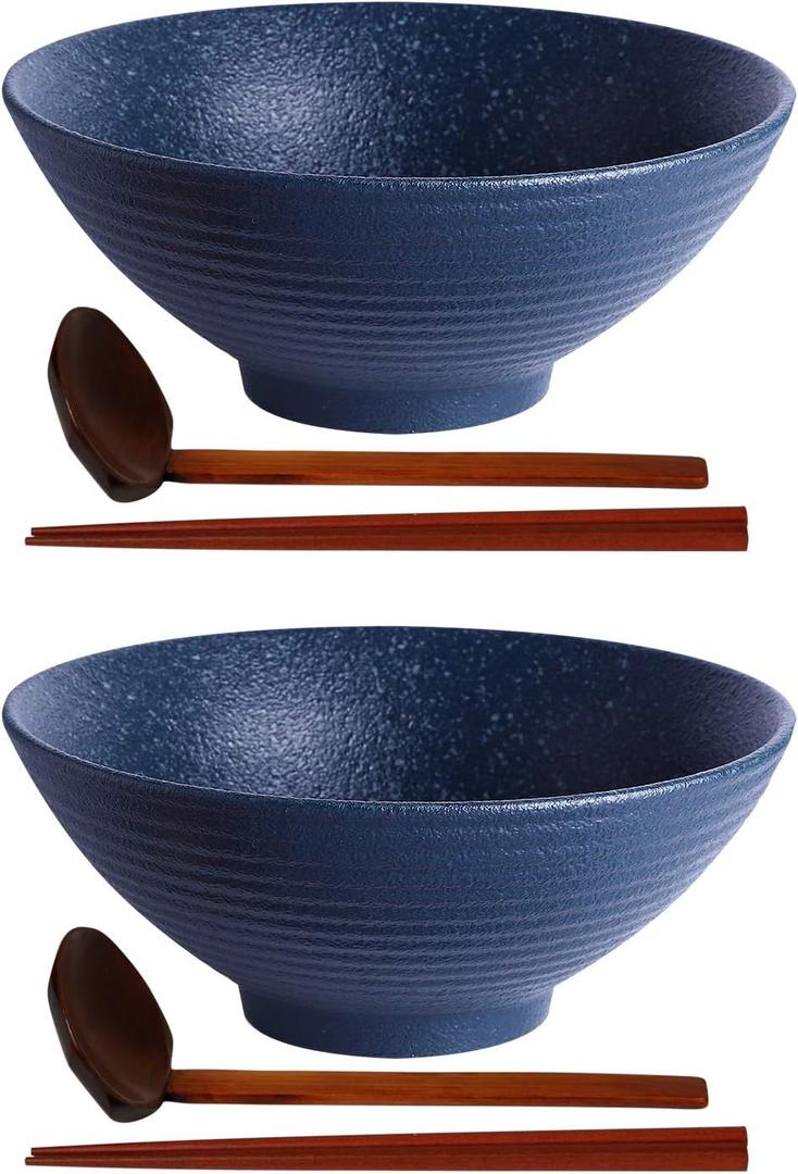 Kanwone Ceramic Japanese Ramen Bowl Set, Noodle Soup Bowls - 60 Ounce, with Matching Spoons and Chopsticks for Udon Soba Pho Asian Noodles, Set of 2, Navy (9 Inch)