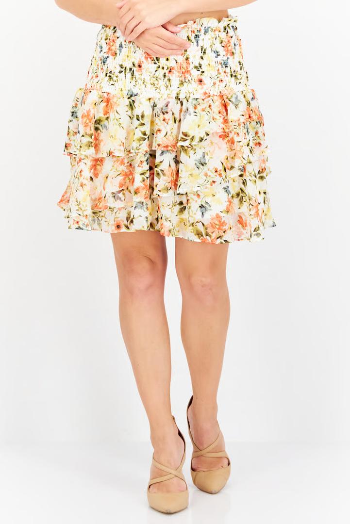 1 State Women Floral Print Mini Skirt, White Combo, Size: M