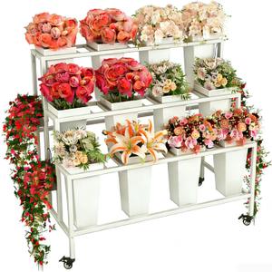 Three-layer Heavy-duty Metal Flower Bar Stand, Flower Cart Display Stand with Wheels, Flower Display Stand Without a Barrel (White)