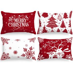 Lanpn White and Red 16x24 Christmas Lumbar Pillow Covers Set of 4, Decorative Rectangle Long 16 x 24 Winter Snowflake Throw Pillow Case Xmas Cushion Cover for Indoor House Sofa Red
