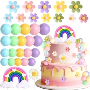 34Pcs Rainbow Cake Topper Groovy Birthday Party Decorations Boho Rainbow Balls Cake Decorations Daisy Flower Bridal Shower Retro Hippie Party Supplies (Colorful)