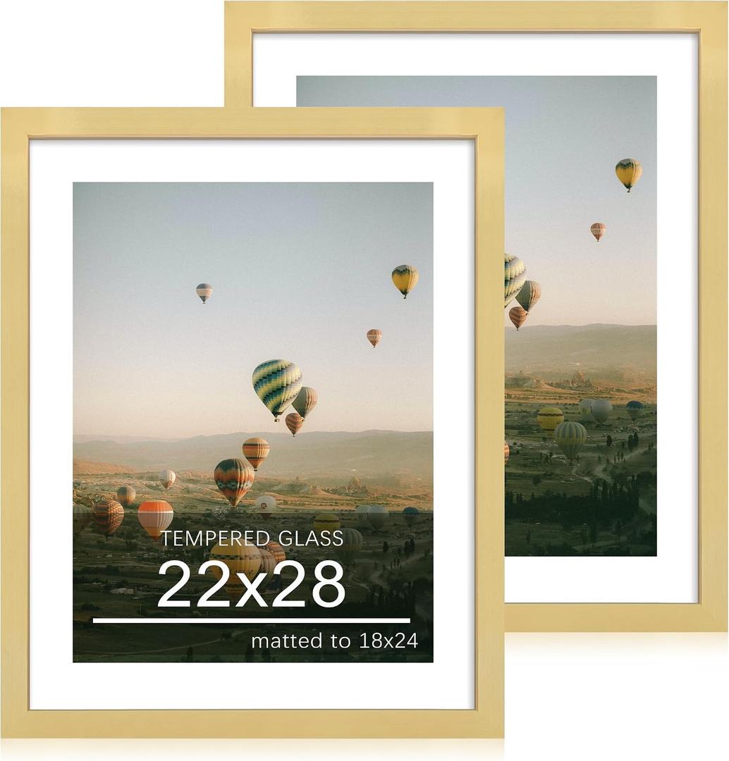 22x28 Picture Frame Set of 2, 22 x 28 Wood Poster Frames with Mat for 18x24, Wooden Photo Frames with Tempered Glass Cover for Wall Display, Gold
