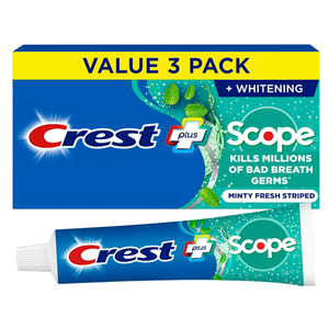 Crest + Scope Whitening Toothpaste  Pack of 3, 5.4 Oz Tubes  Anticavity Fluoride Toothpaste, Fresh Breath, Kills Germs  Tartar Protection, Enamel Protection  Minty Fresh Flavor