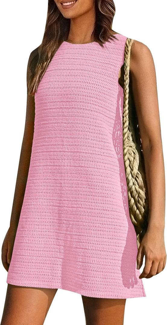 PRETTYGARDEN Women's Crochet Coverups 2025 Summer Resort Swimwear Bathing Suit Knit Cover Up Dress Beach Vacation Clothes (XX-Large, Pink)