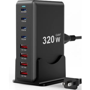 320W Fast Charging 8 Port USB C Charger Block, Multi-Device USB Charging Station Wall Desktop Charger with GaN  Technology, USB-C Charger Adapter for MacBook/iPad/iPhone 16/Samsung Galaxy/DELL/HP