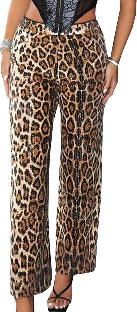 Women Long Straight Pants Casual Elastic Waist Sequins Cute Women's Trouser Comfy Bottoms leopard print (XL)