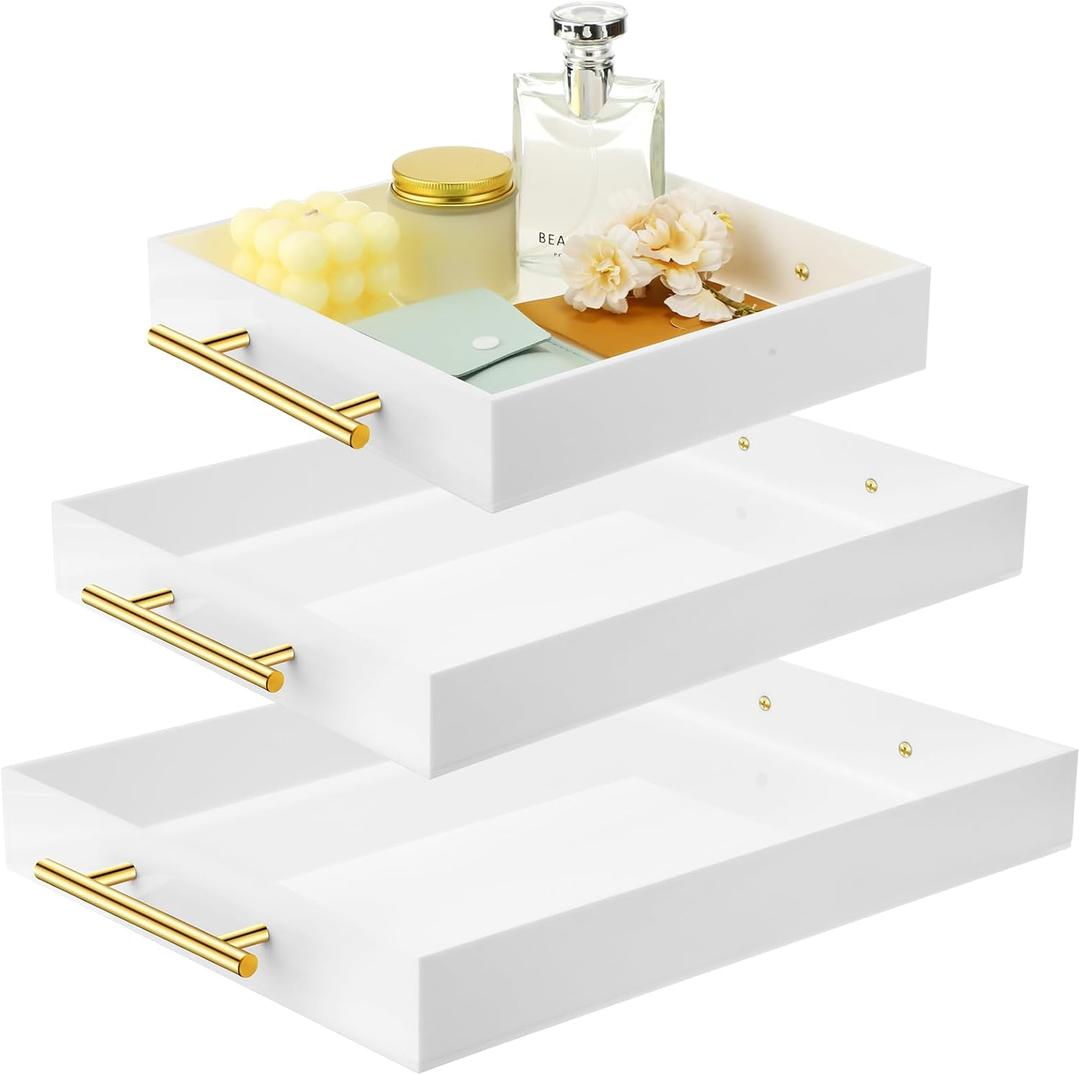 meekoo 3 Pcs Tray with Handles Acrylic Serving Tray Spill Proof Acrylic Bathroom Decorative Organizer for Coffee Table Countertop Appetizer 12x16 11x14 10x10 Inch(White with Gold Handle)