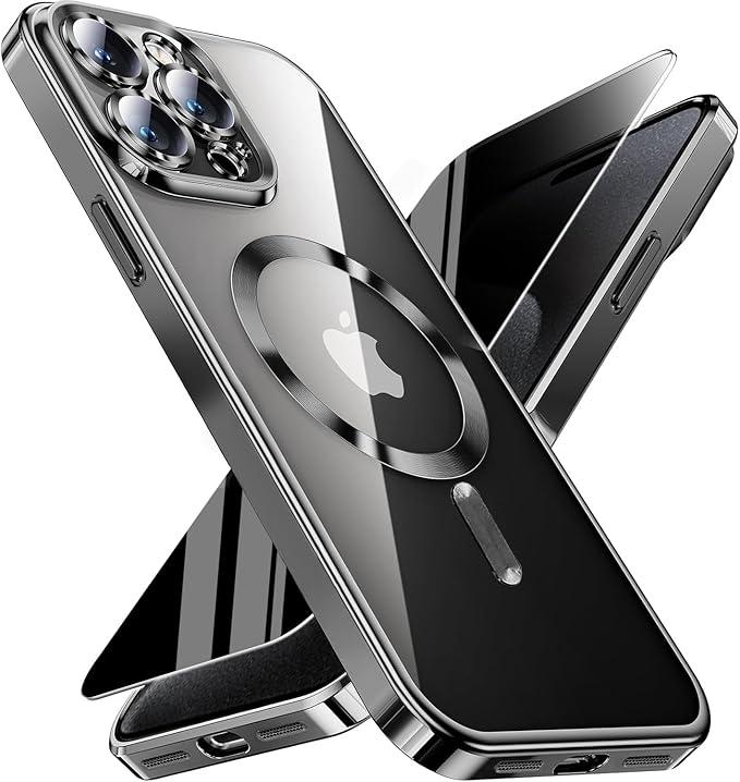 Magnetic for iPhone 15 Pro Max Case with Privacy Screen Protector & Full Camera Cover,[Non-Yellowing] Plating Glossy Soft Shockproof Clear Phone Case with MagSafe Women Girls for 15 ProMax