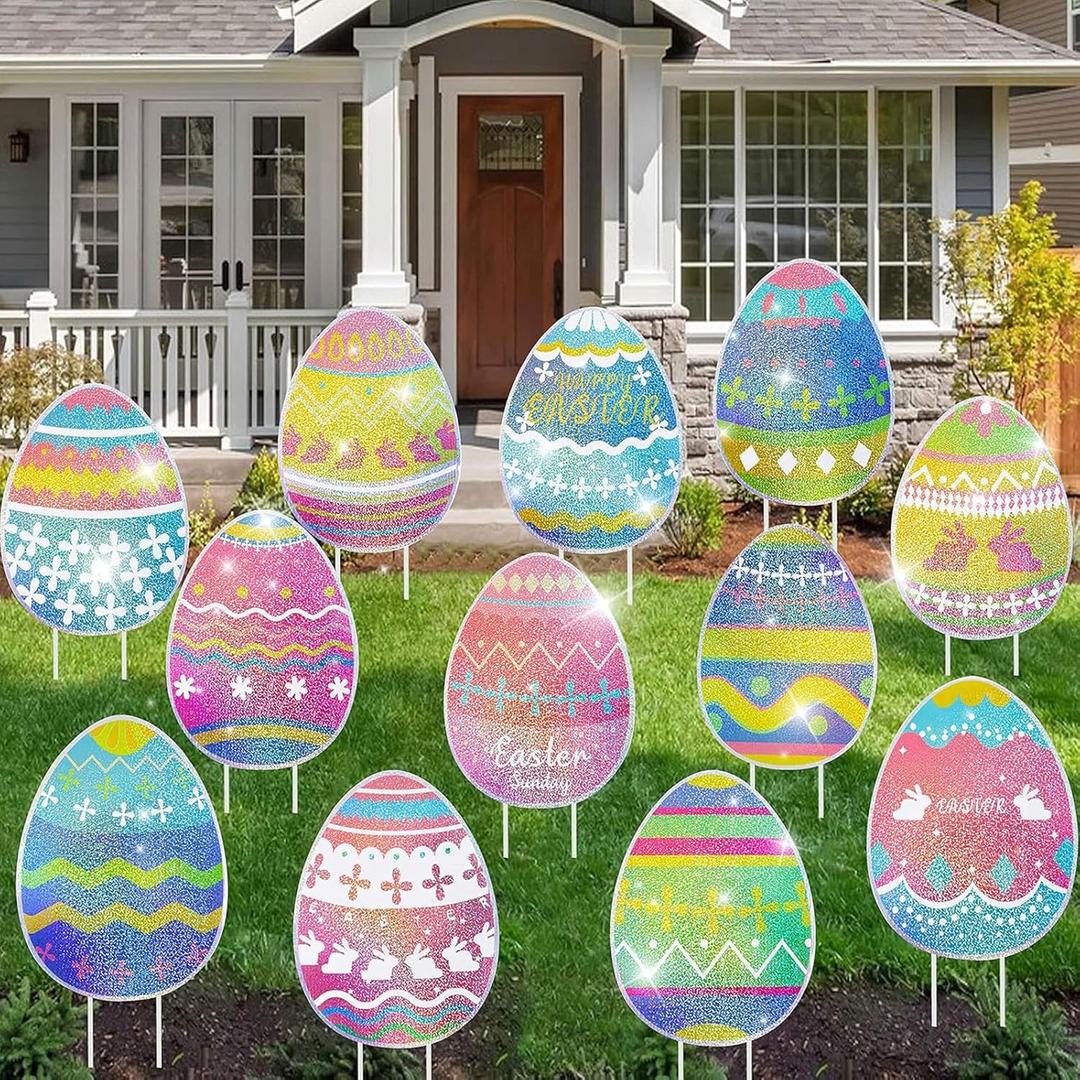 12-Piece Glitter Easter Yard Signs,Extra Large Sparkling Garden Egg Stakes,Waterproof Laser Printed Outdoor Decor for Easter Sidewalk