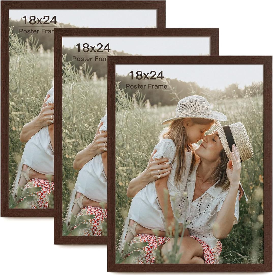 18x24 Frame Set of 3, Dark Brown Wood Grain 18x24 Poster Frame for Gallery Wall Mounting (3 Pack,Walnut)