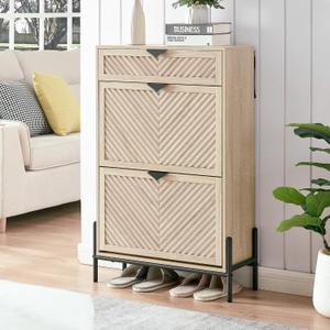Shoe Cabinet Storage with 2 Flip Drawers, Narrow Hidden Shoes Cabinet Organizer for Entryway, Freestanding Slim Shoe Rack Front Door Entrance(Oak), Medium
