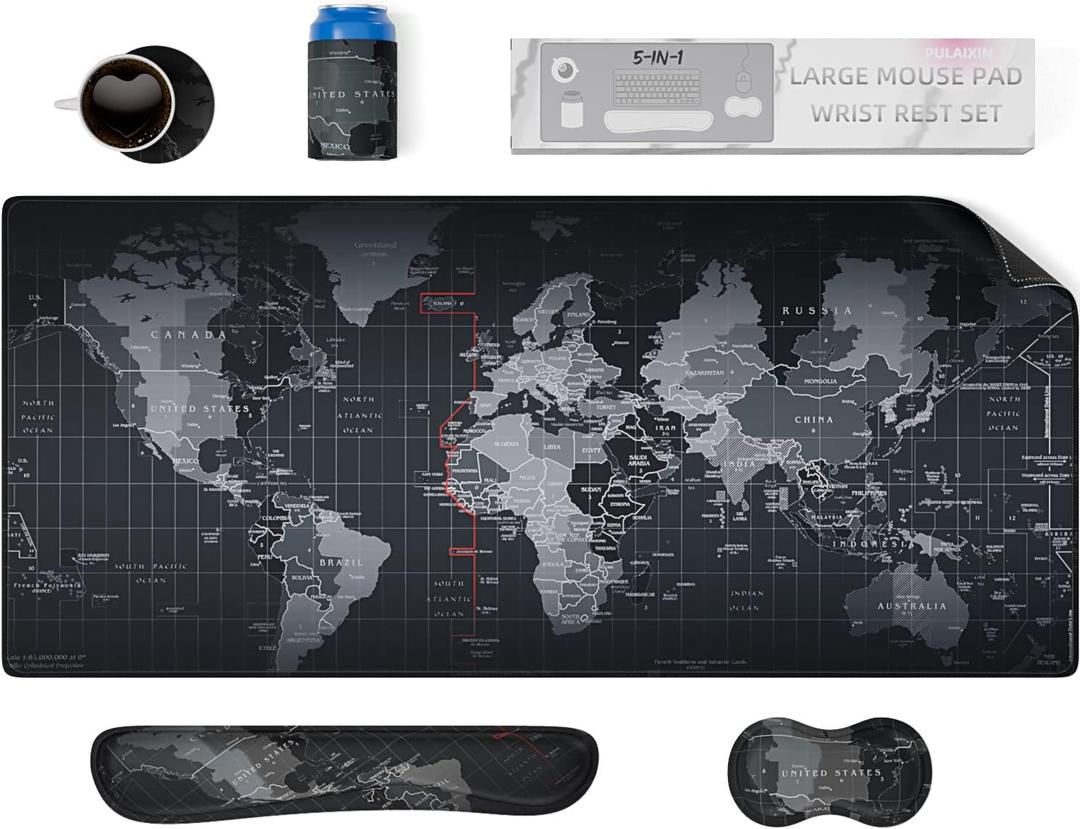 5 in 1 Keyboard Mouse Pad Set, Mouse Pad Wrist Support, Extended Gaming + Keyboard Wrist Rest Support, (34.515.7 in) Large Ergonomic Mousepad Desk Mat Combo -Black World Map (1-5 Sets-World Map)