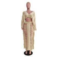 Women Sexy Two Piece Skirt Set - Tassel Hollow Out Off Shoulder High Split Cover Up Bikini Beach Dresses L