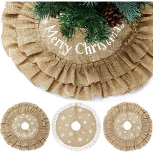 Civaner 3 Pcs 15 Inch Mini Burlap Christmas Tree Skirt Rustic Farmhouse Small Tree Skirt Linen Burlap Mat Printed with White Snowflake Christmas Decoration for Xmas Home Winter Holiday Decor
