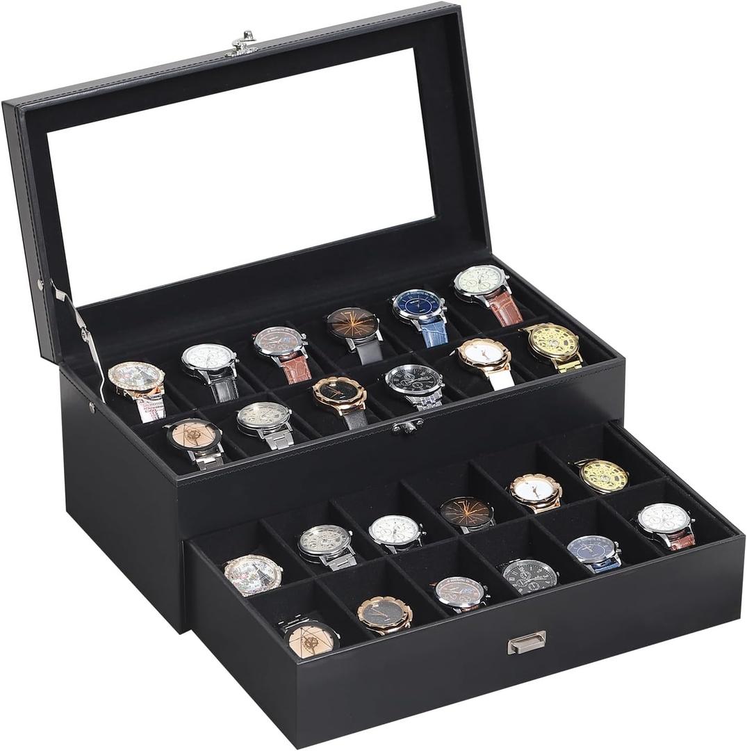 AUTOARK Leather & Velvet 24 Watch Box Glass Top Jewelry Display Drawer Lockable Case Organizer,Removable Black Watch Pillows,Black,MKAW035