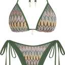 ZAFUL Women's Colorblock Stripes Triangle Halter Tied Cheeky Thong Bikini Set High Cut Two Piece Bathing Suit (Medium, 2-forest Green)