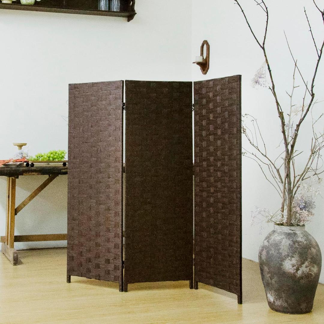 3 Panel Short Room Divider Screen - 3.95 ft Tall Double Sided Rattan Folding Privacy Screen, Dark Brown Freestanding Partition for Home Office