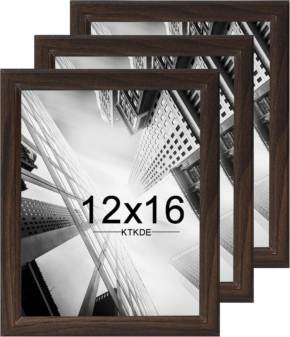 KTKDE 12x16 Picture Frame Set of 3,Walnut Wooden frames, Vertical & Horizontal Wall Hanging for Wall Display,Studio Gallery Photo Frame for Photos, Posters & Art Prints, 12X16in -3Pack