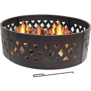 Sunnydaze 36-Inch Outdoor Fire Pit Ring with Poker - Round Heavy-Duty Steel Fire Ring for Camping or Backyard - Crossweave - 12" H